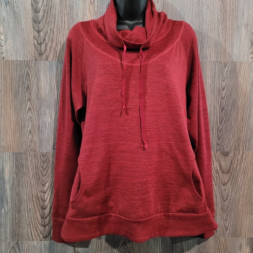 Kuhl Lea Pullover Sweater Size XL Heathered Wine Red Cowl Neck Kangaroo Pocket